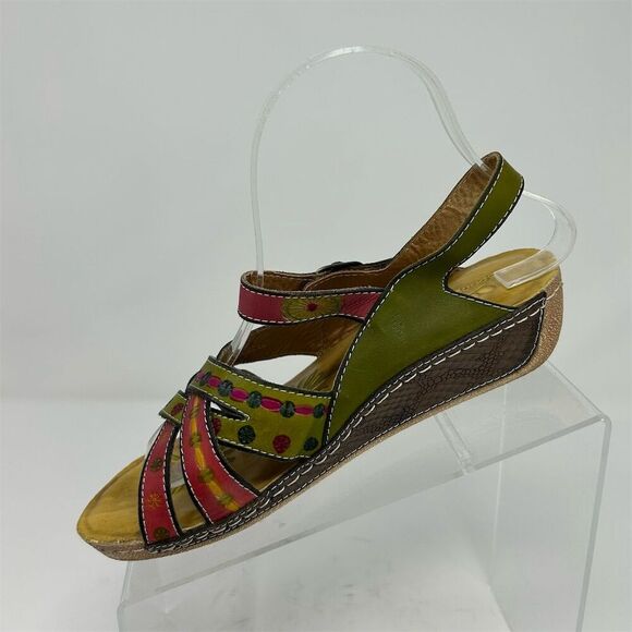 Spring Step L'Artiste Green and Pink Floral Strappy Slingback Sandals Size 38 - Picture 3 of 13